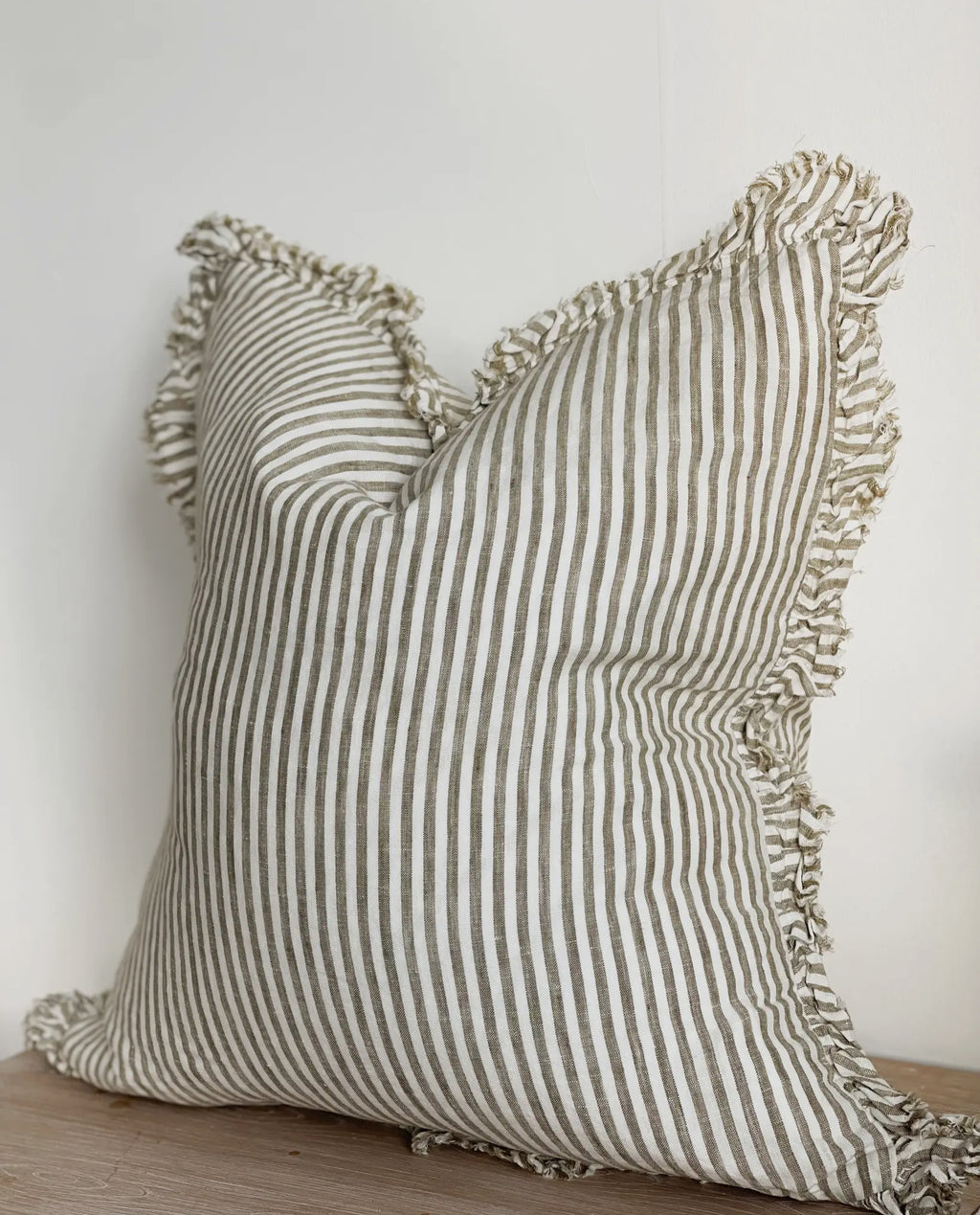 HALLIE - Olive Stripe Ruffled Linen Cushion Cover