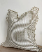 HALLIE - Olive Stripe Ruffled Linen Cushion Cover