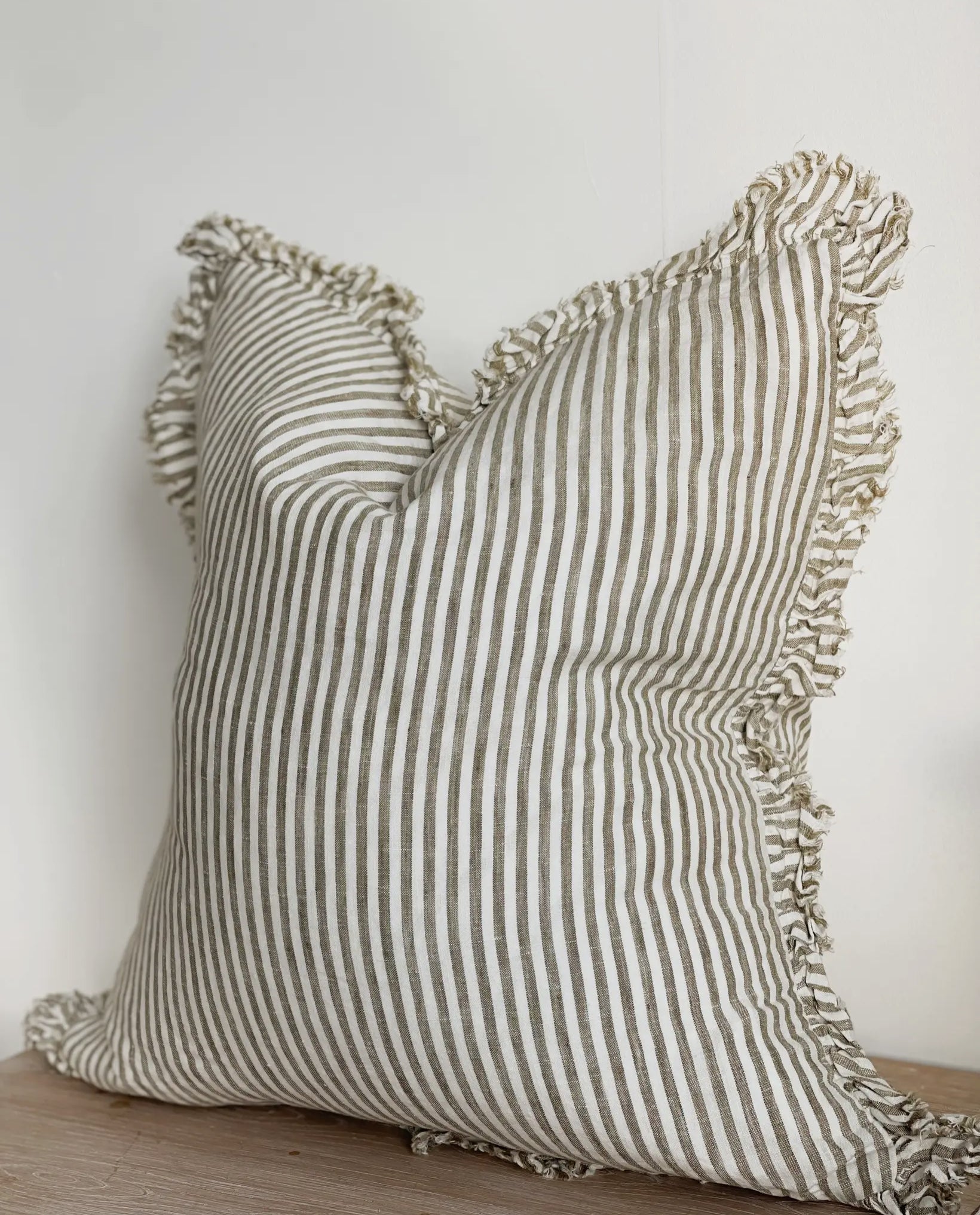 HALLIE - Olive Stripe Ruffled Linen Cushion Cover