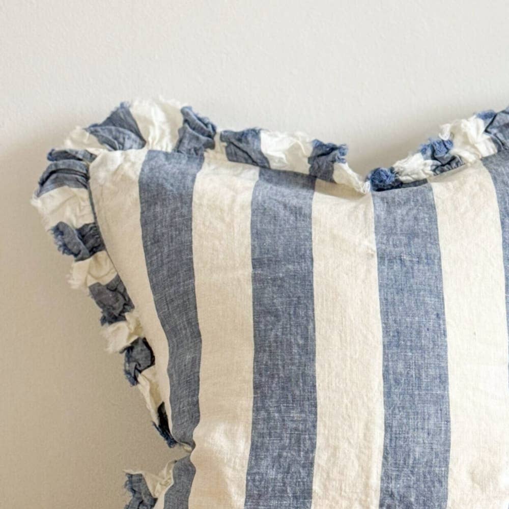 Hallie Ruffled Linen Cushion Cover – Blue Stripe