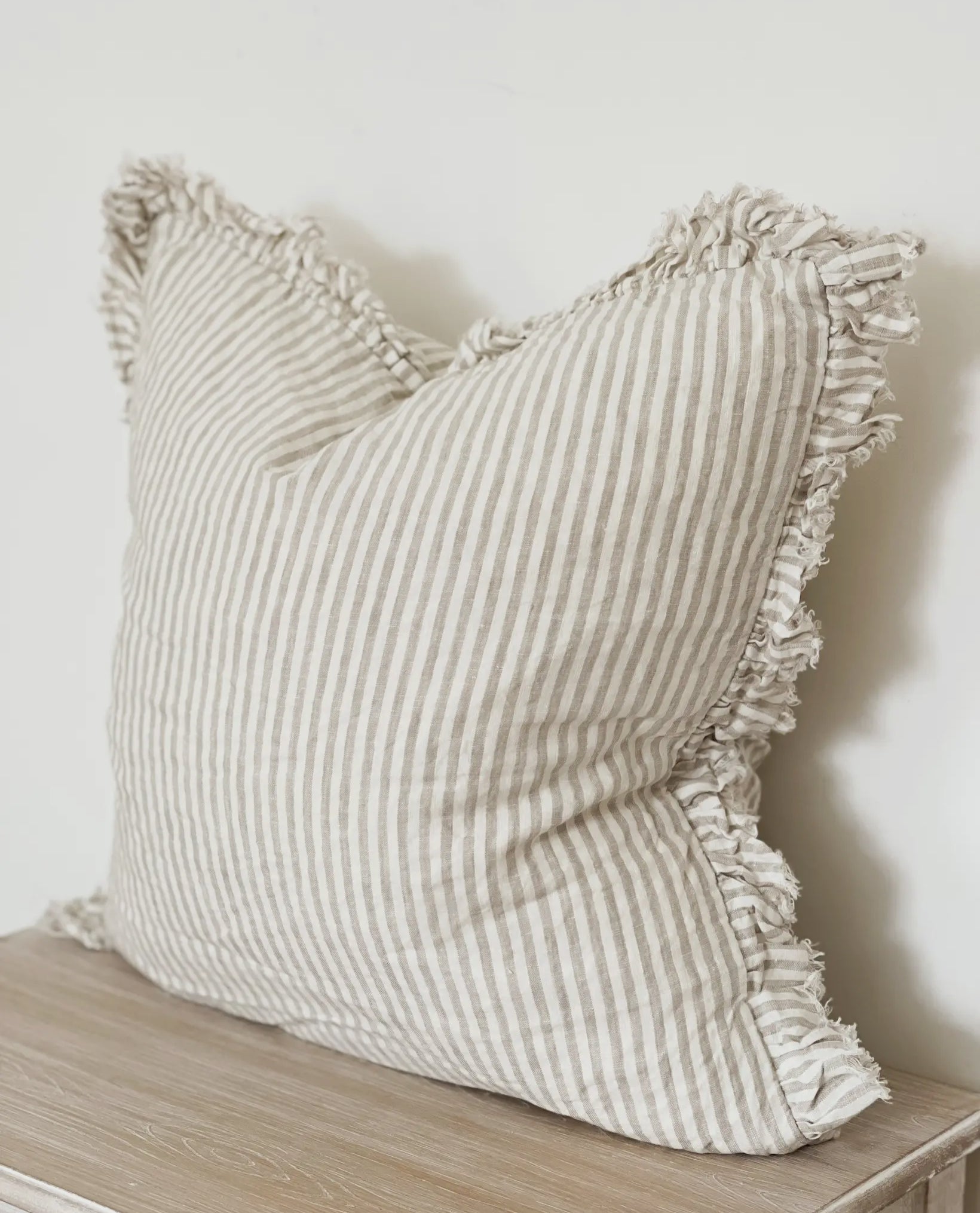HALLIE - Natural Beige Stripe Ruffled Linen Cushion Cover
