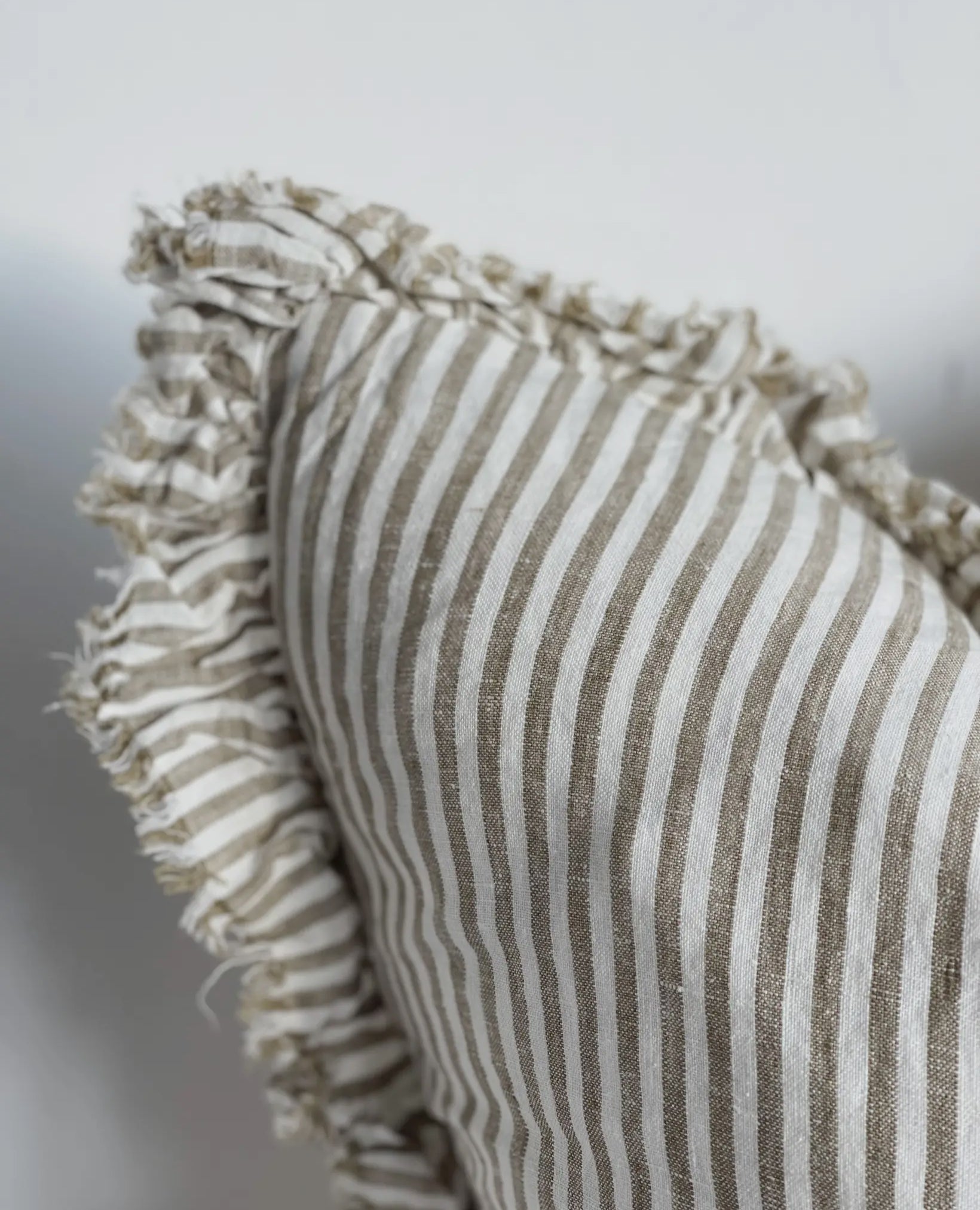 HALLIE - Olive Stripe Ruffled Linen Cushion Cover