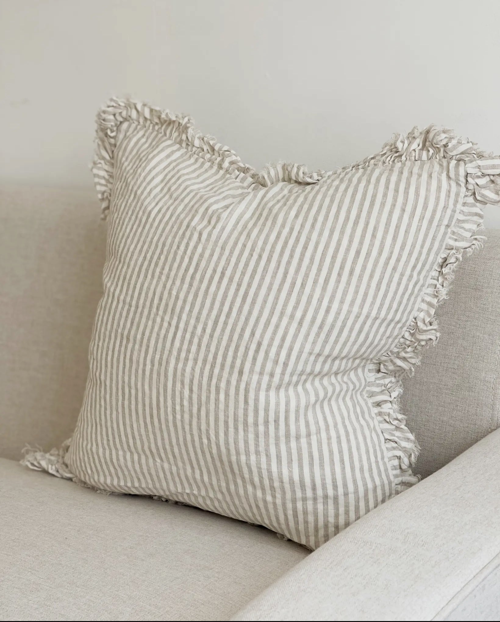 HALLIE - Natural Beige Stripe Ruffled Linen Cushion Cover