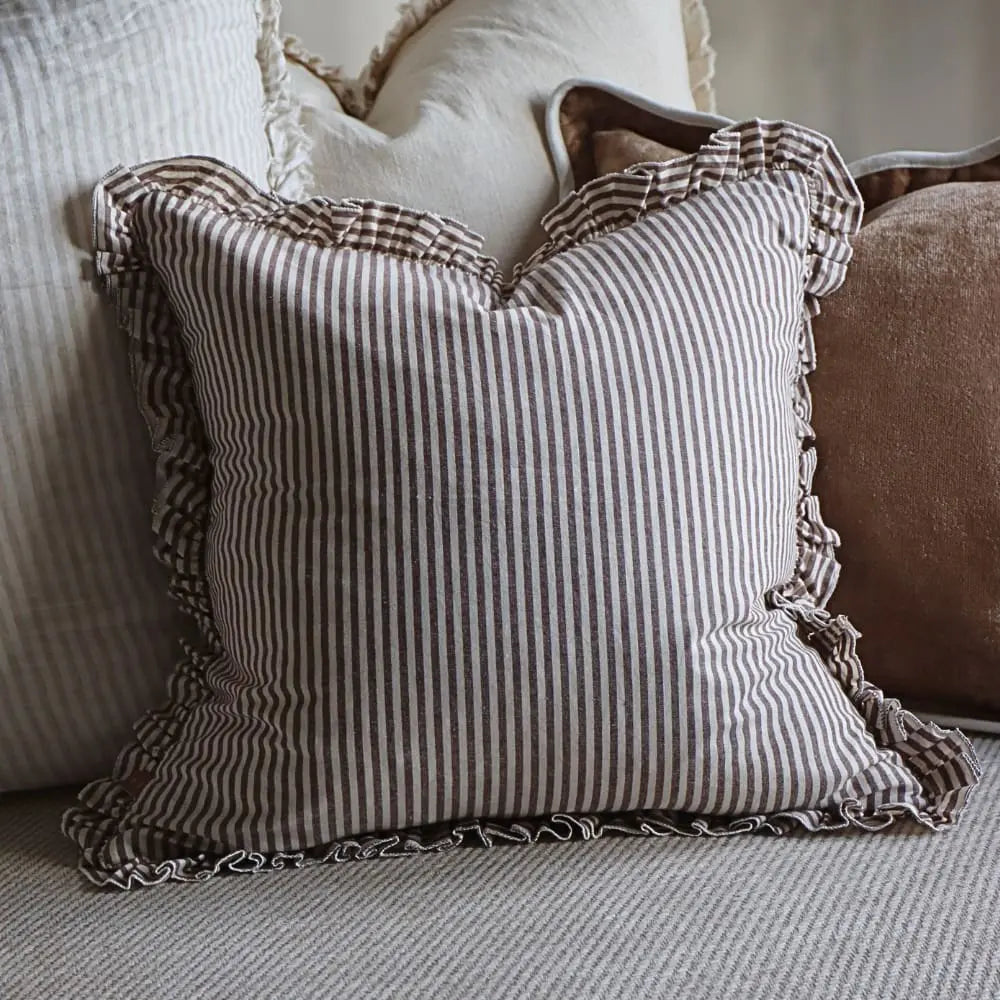 Darcy Dark Brown Stripe Ruffled Cushion Cover