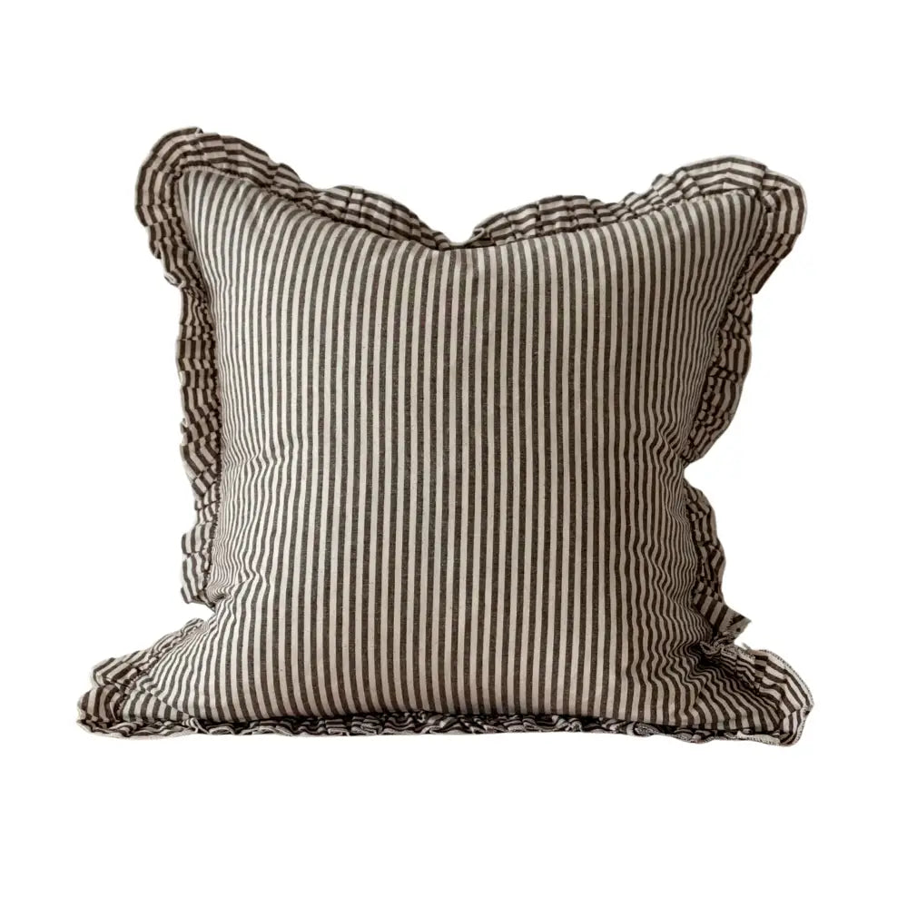 Darcy Dark Brown Stripe Ruffled Cushion Cover