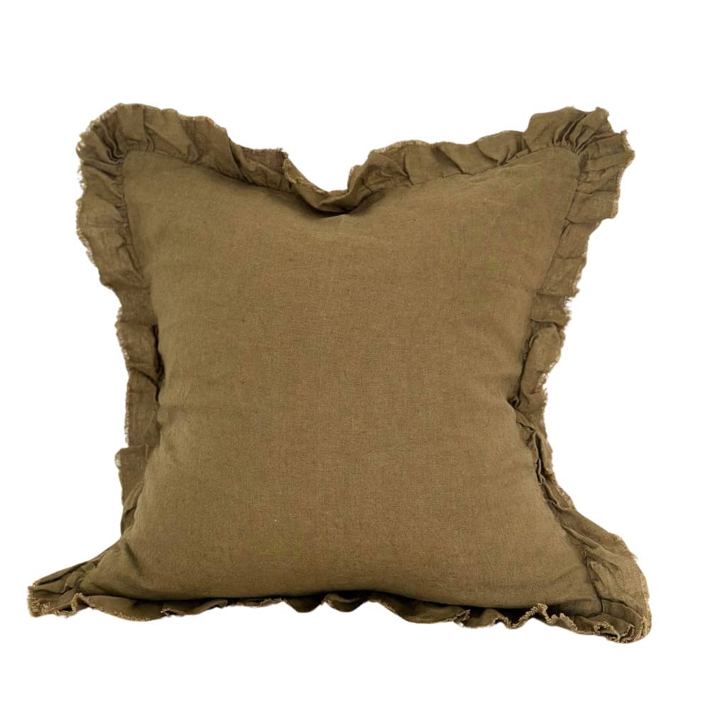 Hallie Ruffled Linen Cushion Cover – Olive
